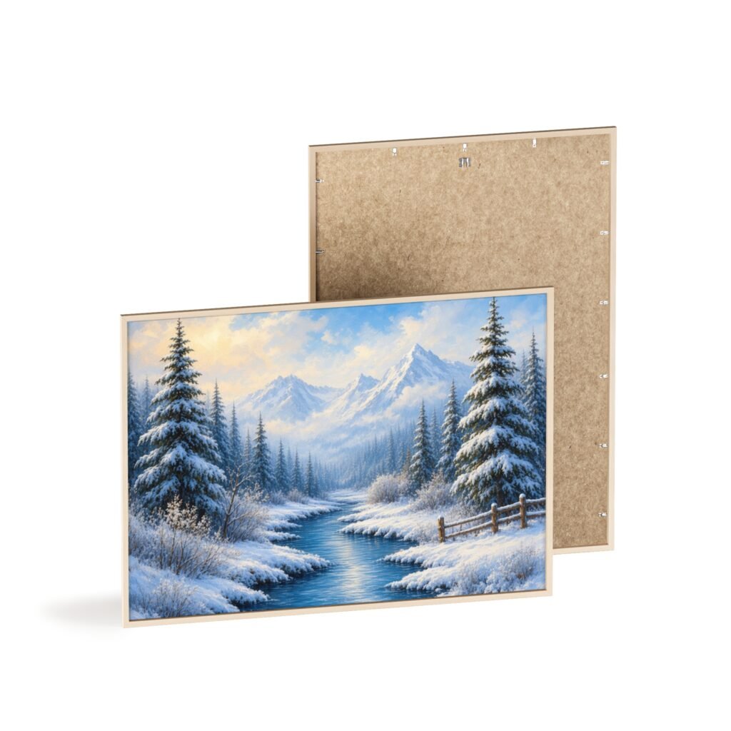 Framed Winter Landscape Poster — Snowy Mountain River Wall Art