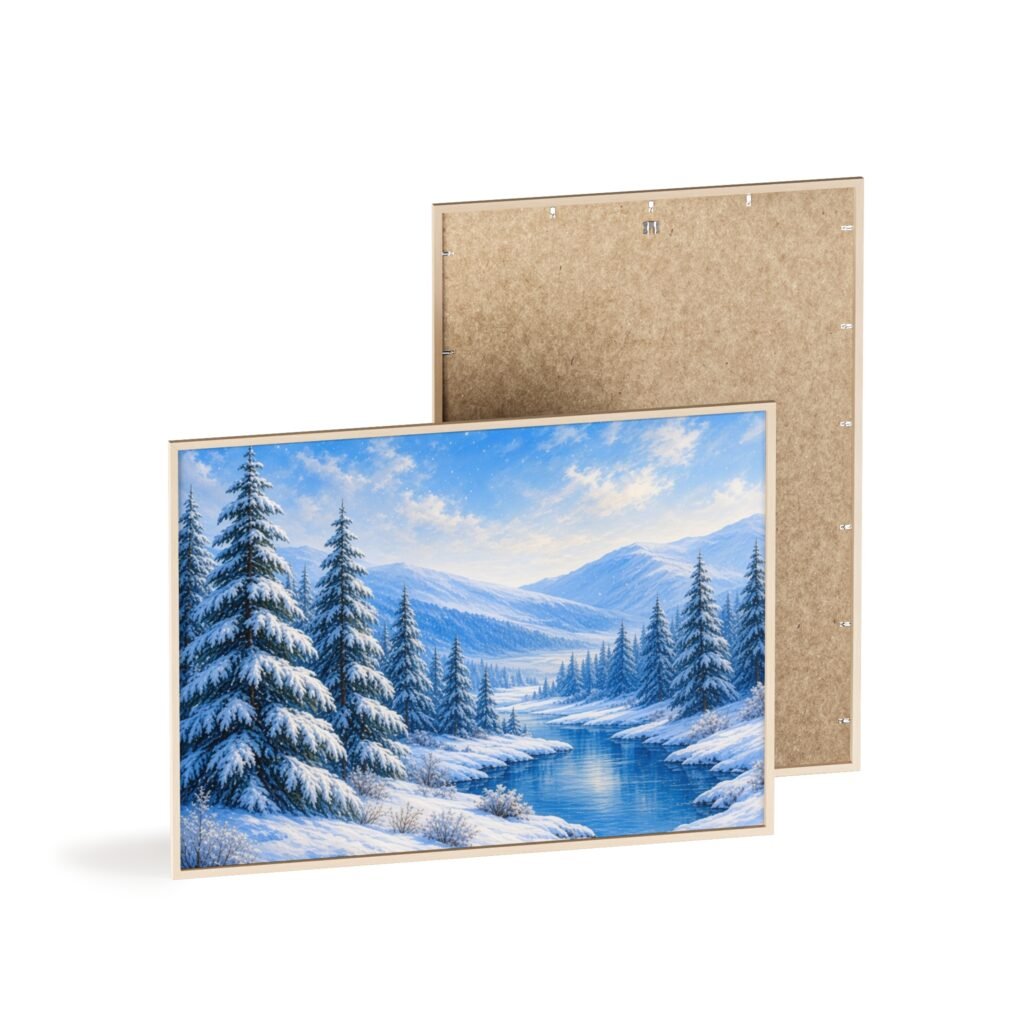 Framed Winter Landscape Poster — Snowy Pine Forest River Wall Art