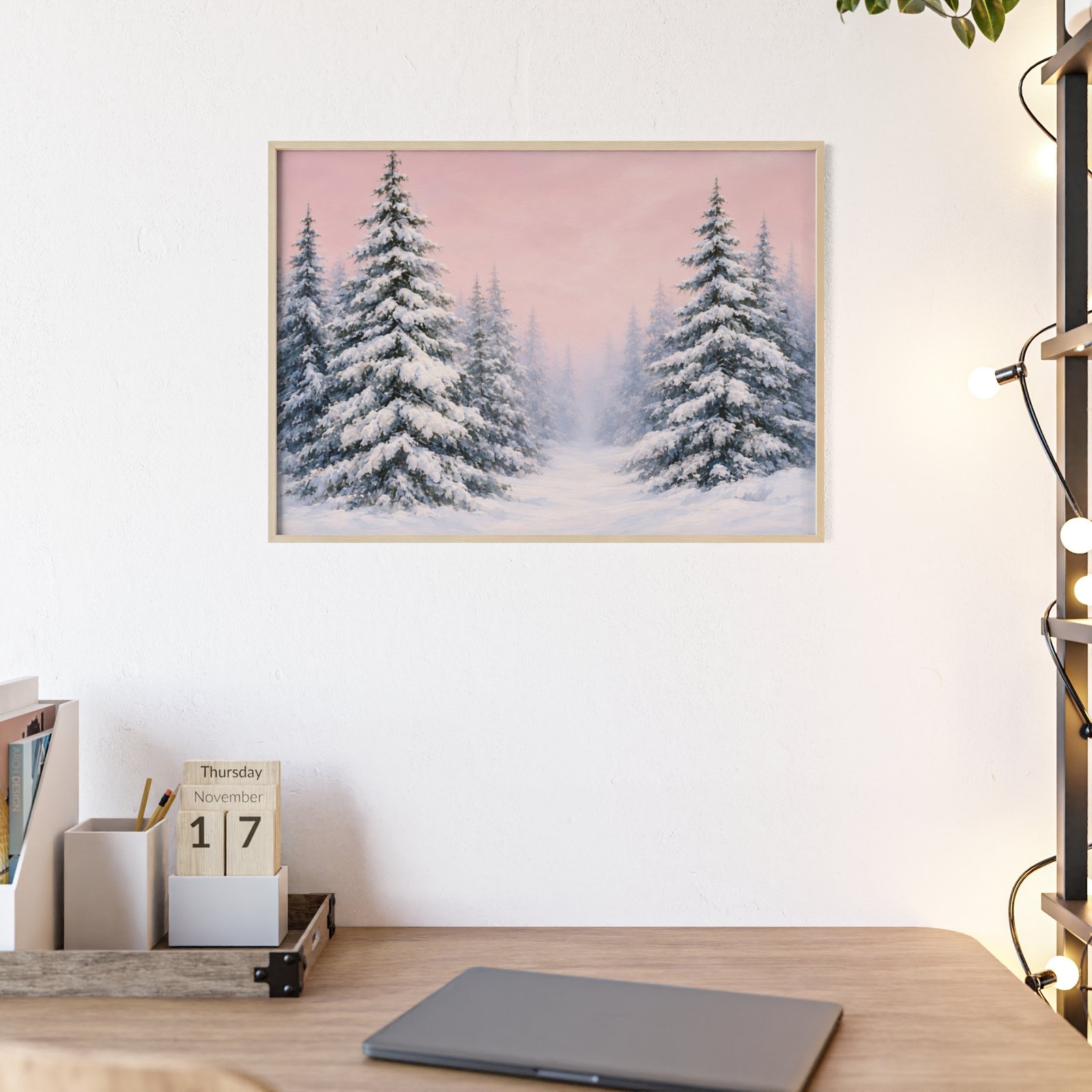 Framed Winter Pines Poster – Pink Snowy Forest Wall Art - Image 1