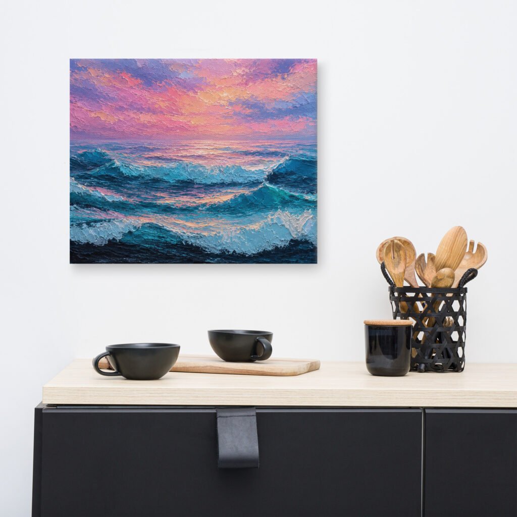 Moody Purple Sunset Beach Artwork | Wave Impasto Canvas Painting
