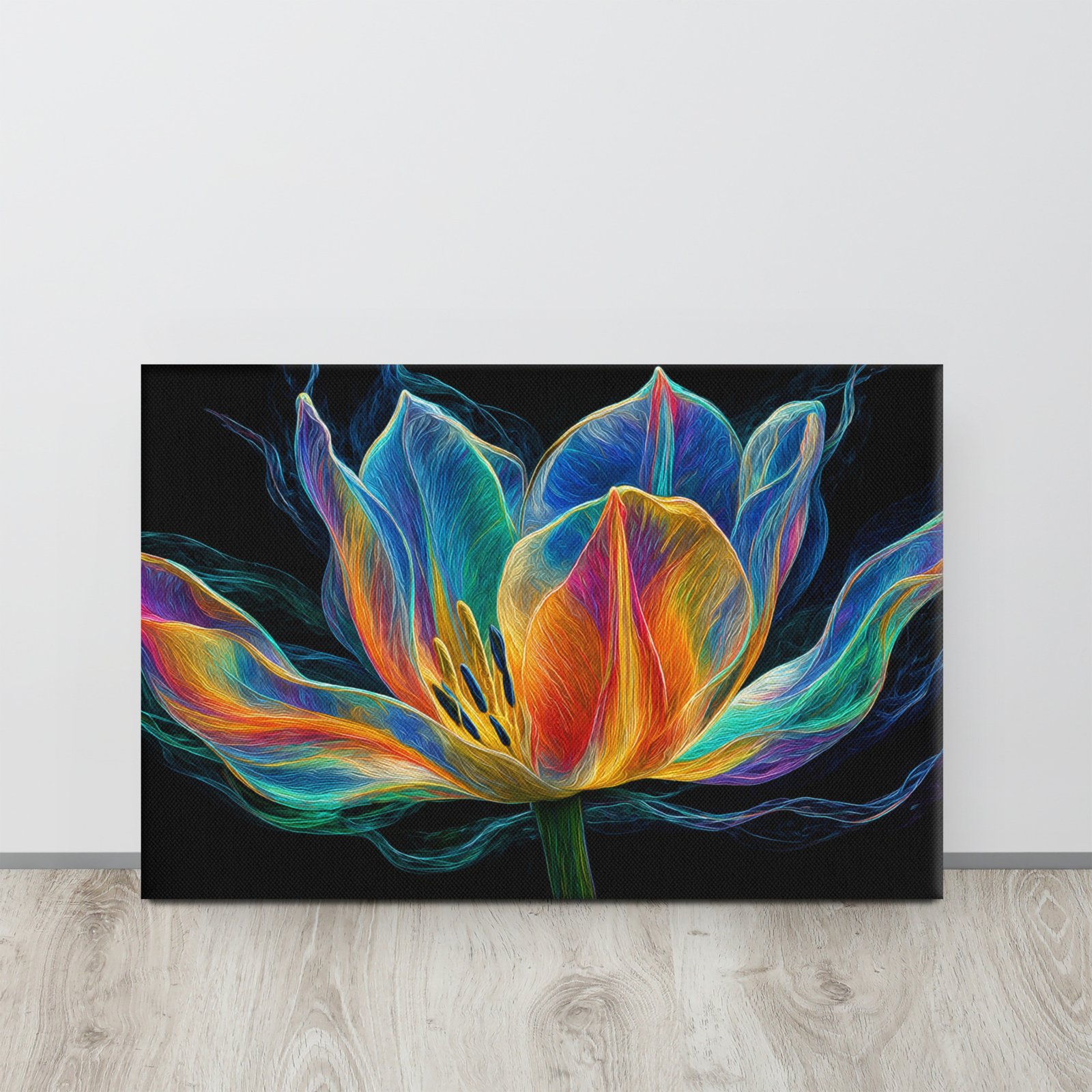 Glowing Neon Lotus Wall Art Printable | Electric Floral Canvas Print - Image 1