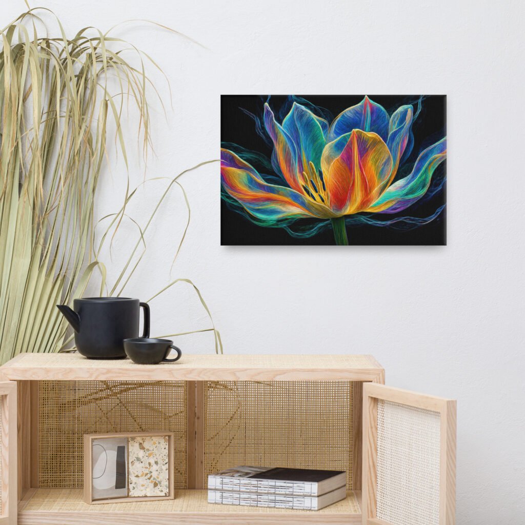 Glowing Neon Lotus Wall Art Printable | Electric Floral Canvas Print
