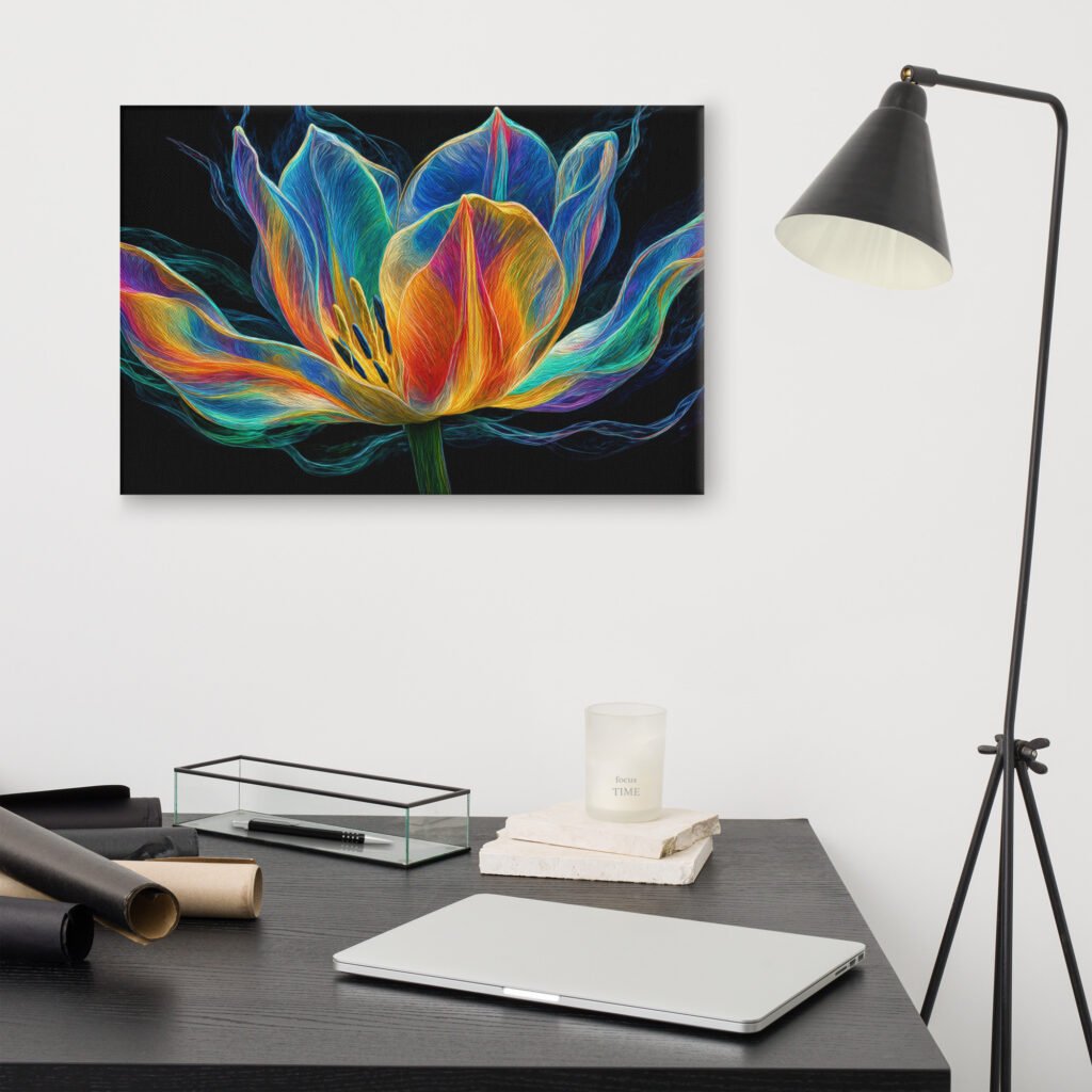 Glowing Neon Lotus Wall Art Printable | Electric Floral Canvas Print