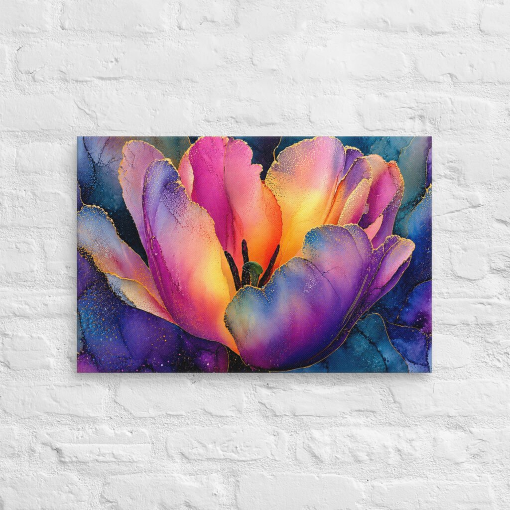 Floral Wall Art Printable | Moody Purple & Gold Tulip Canvas Print