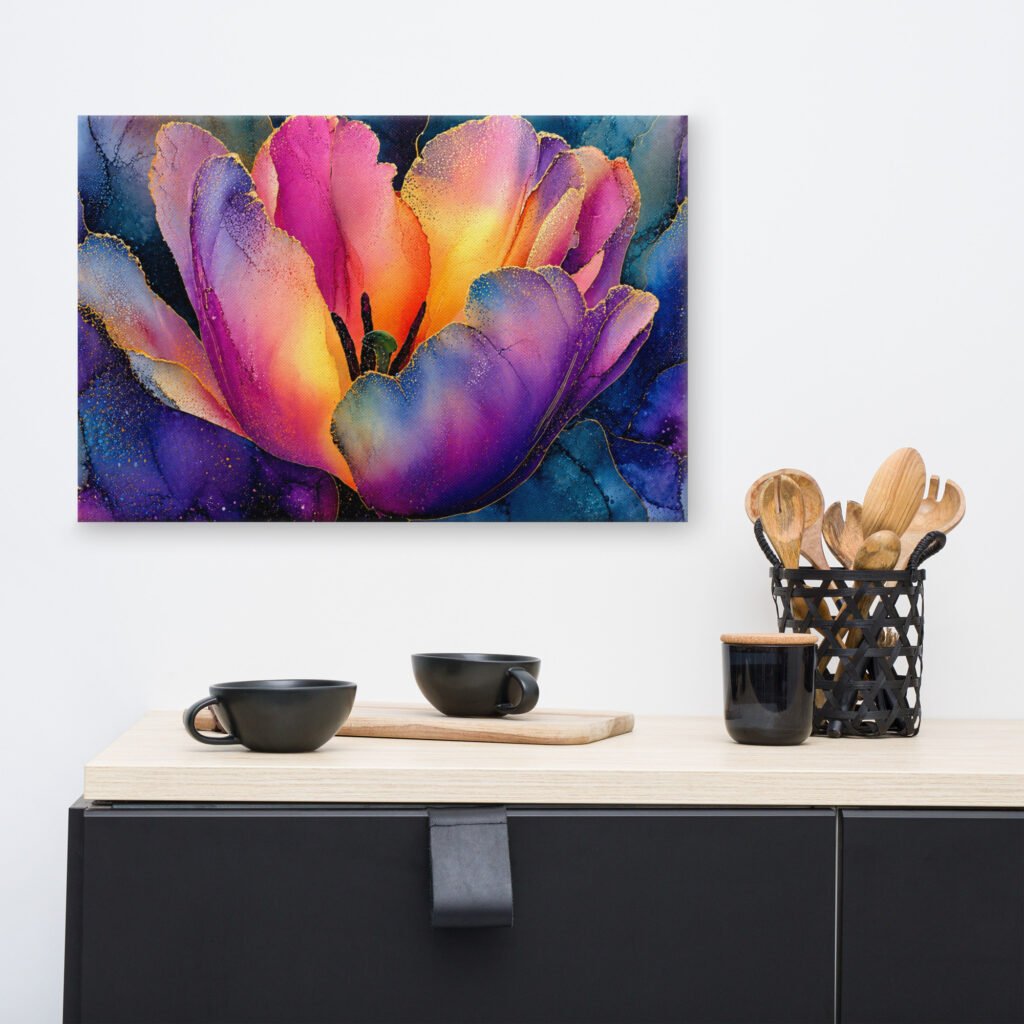 Floral Wall Art Printable | Moody Purple & Gold Tulip Canvas Print