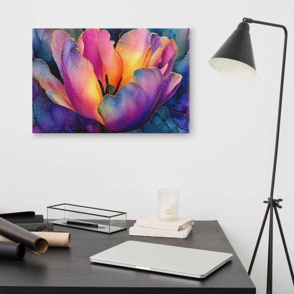Floral Wall Art Printable | Moody Purple & Gold Tulip Canvas Print