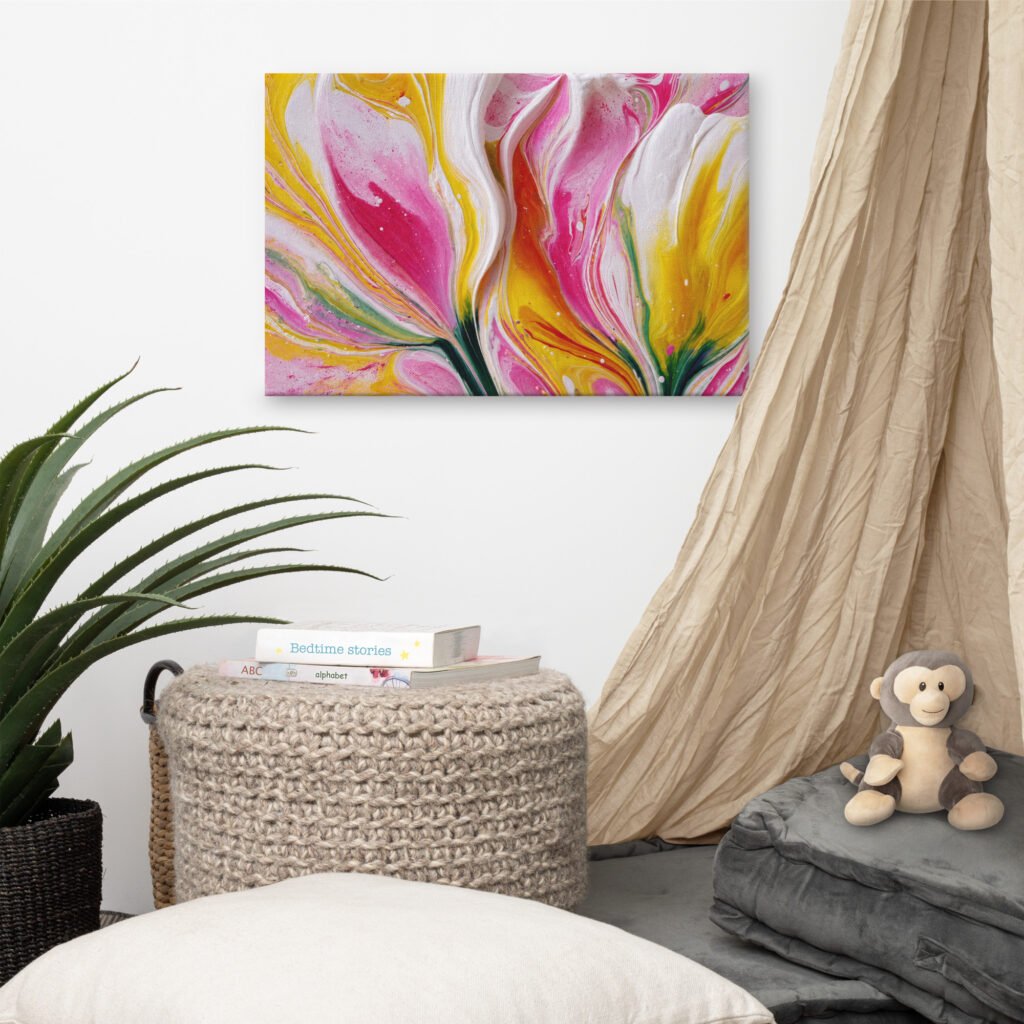 Pink & Yellow Acrylic Floral Wall Art Printable | Floral Canvas Print