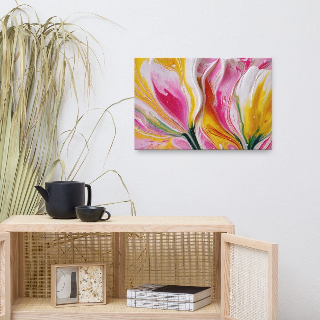 Pink & Yellow Acrylic Floral Wall Art Printable | Floral Canvas Print