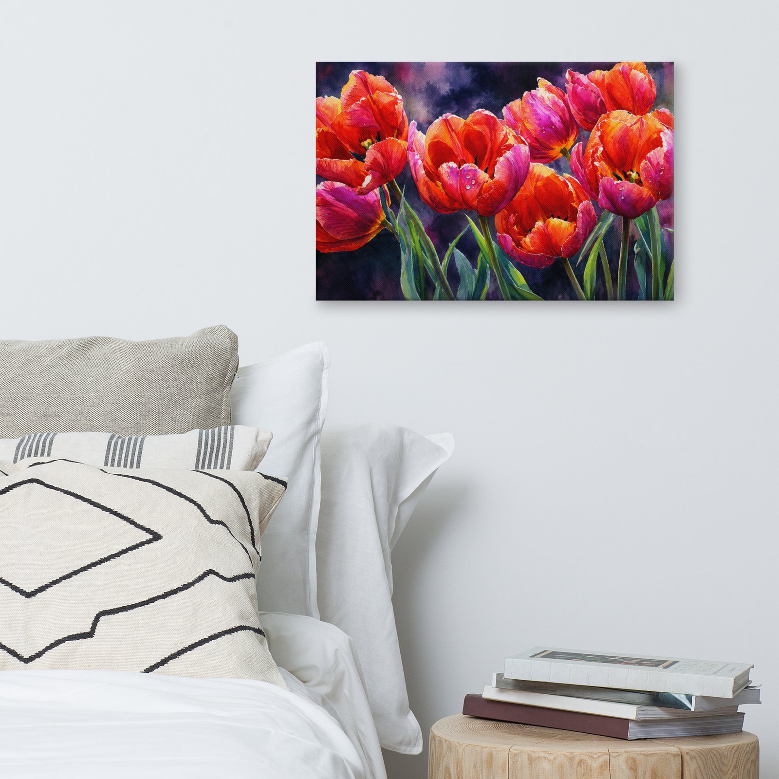 Vibrant Orange and Pink Tulips Watercolor Canvas Print | Moody Floral Wall Art - Image 5