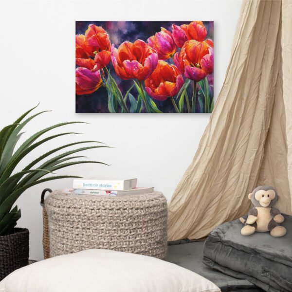 Vibrant Orange and Pink Tulips Watercolor Canvas Print | Moody Floral Wall Art - Image 6