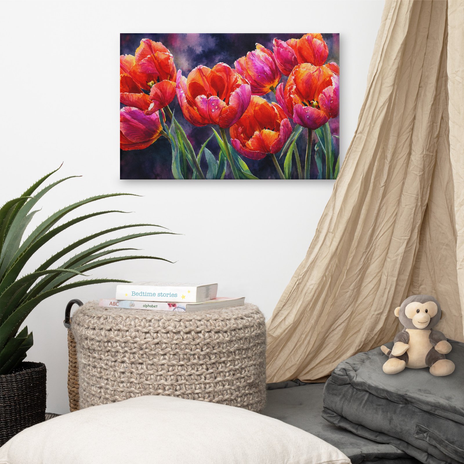 Vibrant Orange and Pink Tulips Watercolor Canvas Print | Moody Floral Wall Art - Image 6
