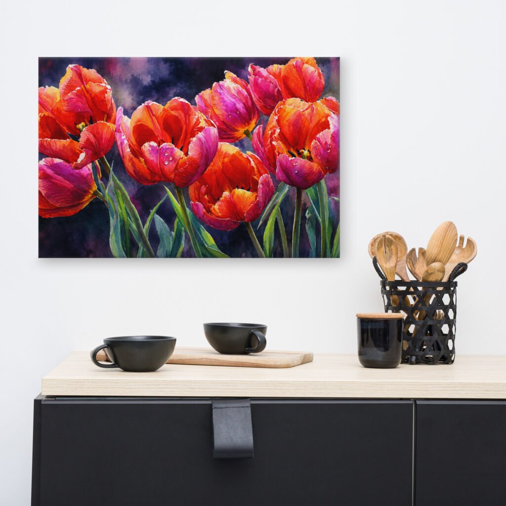 Vibrant Orange and Pink Tulips Watercolor Canvas Print | Moody Floral Wall Art