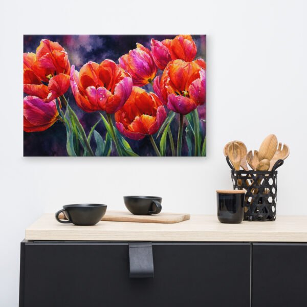 Vibrant Orange and Pink Tulips Watercolor Canvas Print | Moody Floral Wall Art - Image 7