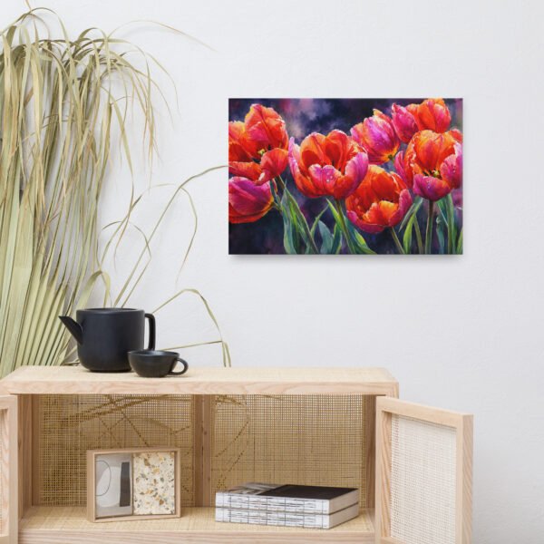 Vibrant Orange and Pink Tulips Watercolor Canvas Print | Moody Floral Wall Art - Image 8