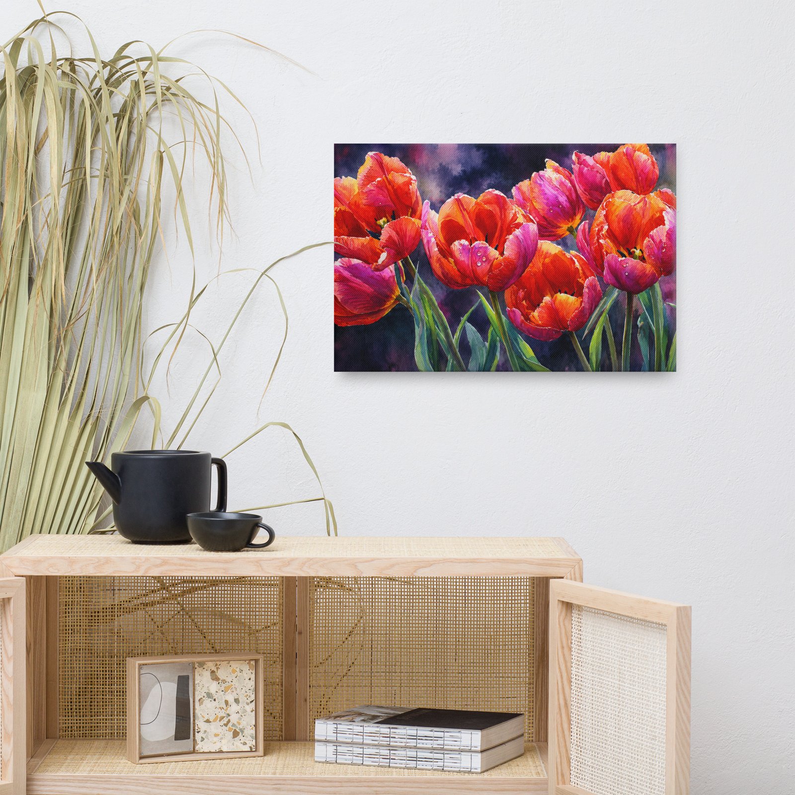 Vibrant Orange and Pink Tulips Watercolor Canvas Print | Moody Floral Wall Art - Image 8