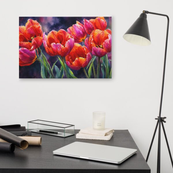 Vibrant Orange and Pink Tulips Watercolor Canvas Print | Moody Floral Wall Art - Image 10