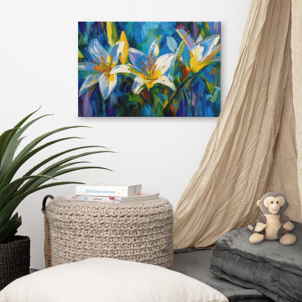 Vibrant Blue Lily Bloom Canvas Art | Colorful Impasto Floral Wall Decor