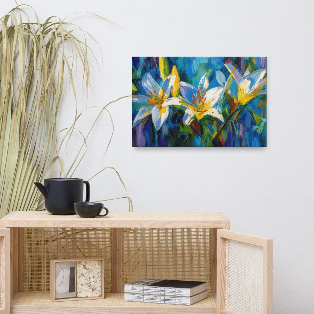 Vibrant Blue Lily Bloom Canvas Art | Colorful Impasto Floral Wall Decor