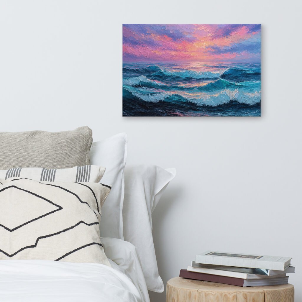 Moody Purple Sunset Beach Artwork | Wave Impasto Canvas Painting