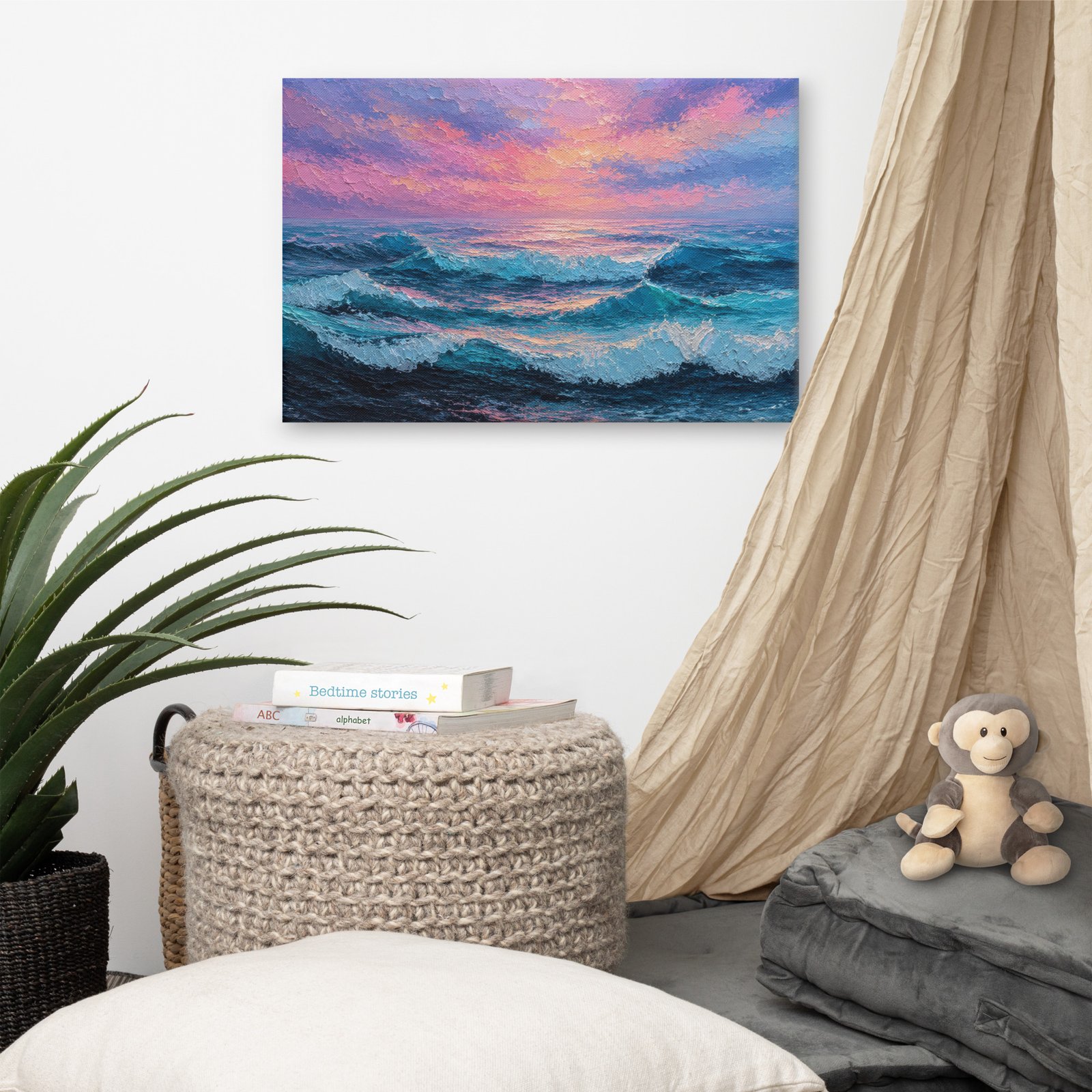 Moody Purple Sunset Beach Artwork |  Wave Impasto Canvas Painting - Image 6