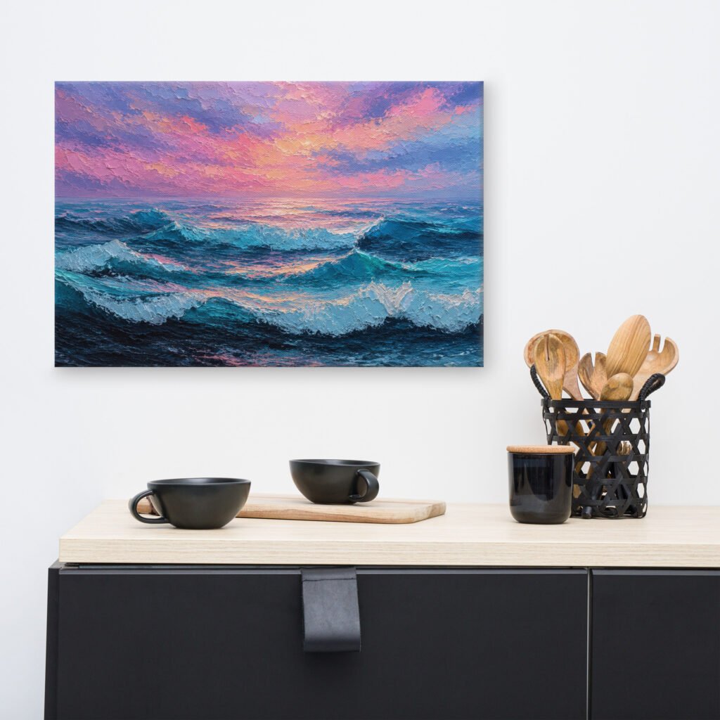 Moody Purple Sunset Beach Artwork | Wave Impasto Canvas Painting