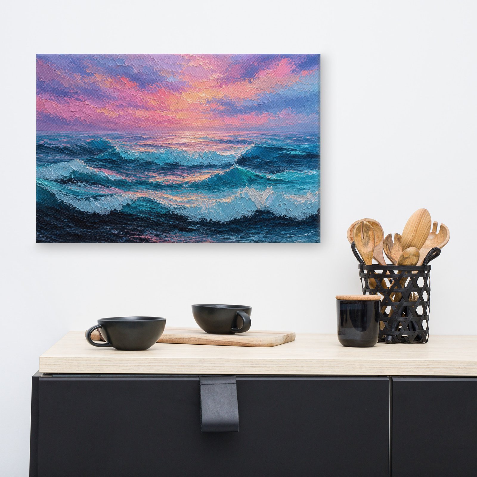 Moody Purple Sunset Beach Artwork |  Wave Impasto Canvas Painting - Image 7