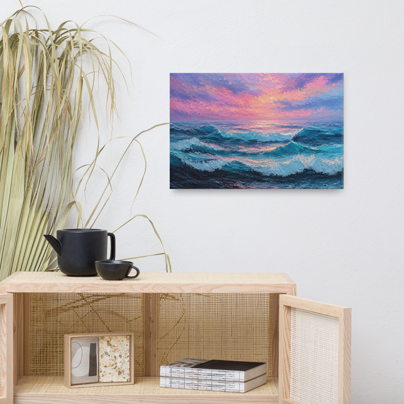 Moody Purple Sunset Beach Artwork |  Wave Impasto Canvas Painting - Image 9