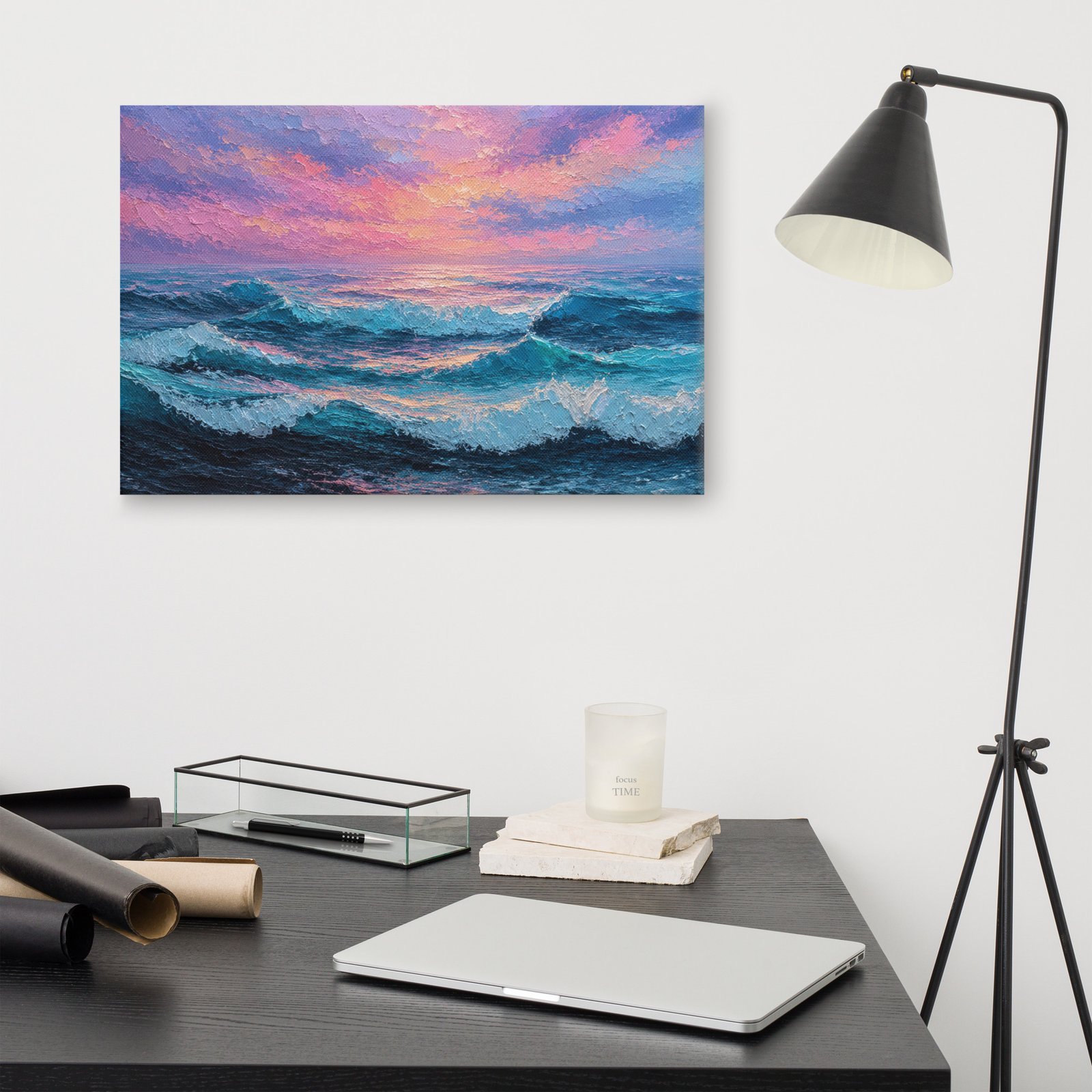 Moody Purple Sunset Beach Artwork |  Wave Impasto Canvas Painting - Image 11