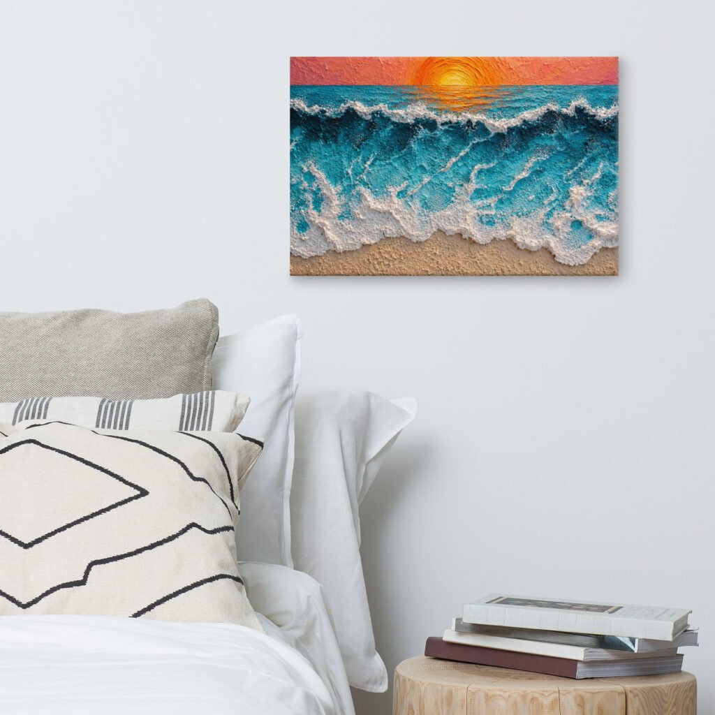 Vibrant Ocean Sunset Canvas Print – Wave Impasto Coastal Wall Decor