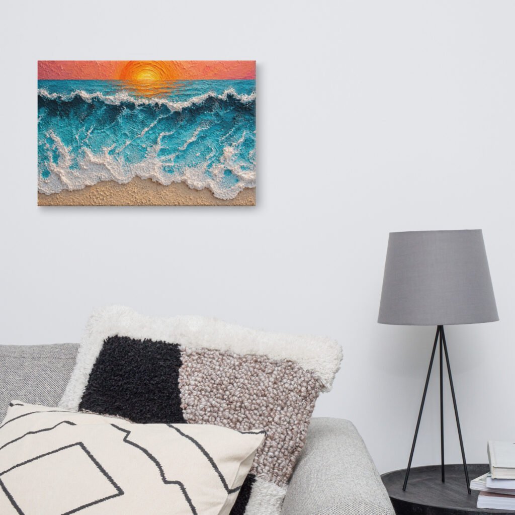 Vibrant Ocean Sunset Canvas Print – Wave Impasto Coastal Wall Decor