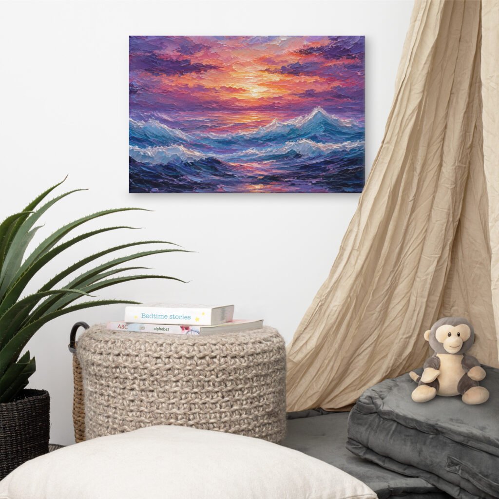 Purple Sunset Ocean Waves Canvas Wall Art – Impasto Dramatic Seascape Painting