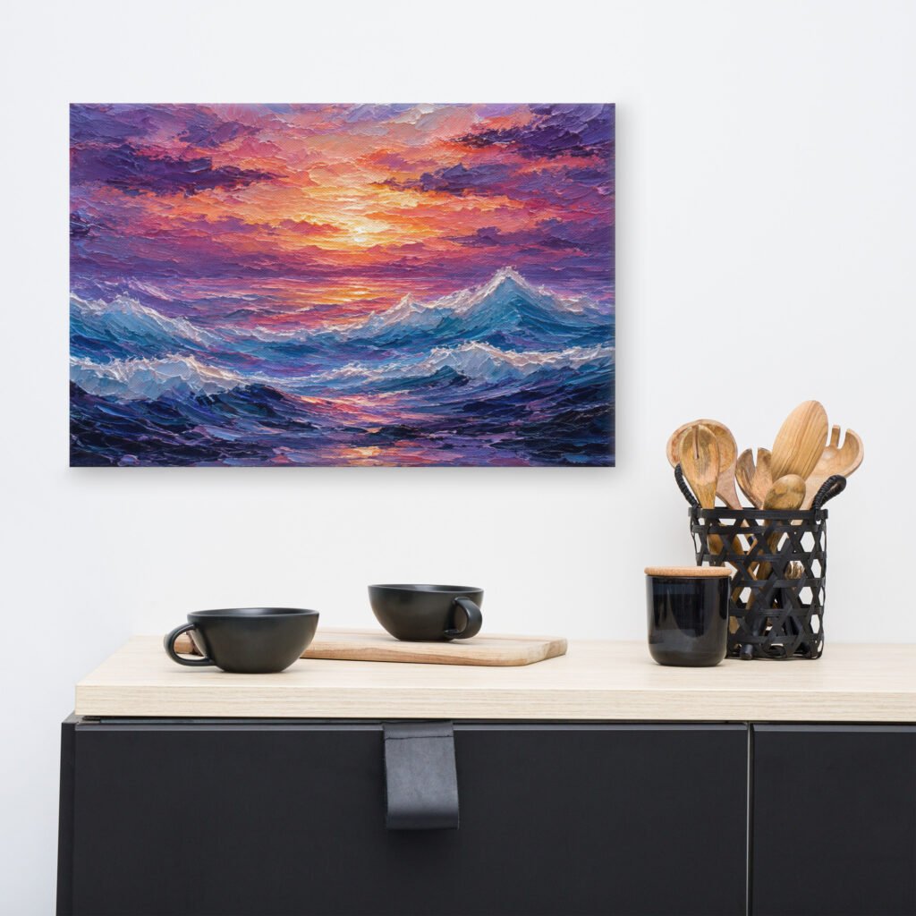 Purple Sunset Ocean Waves Canvas Wall Art – Impasto Dramatic Seascape Painting