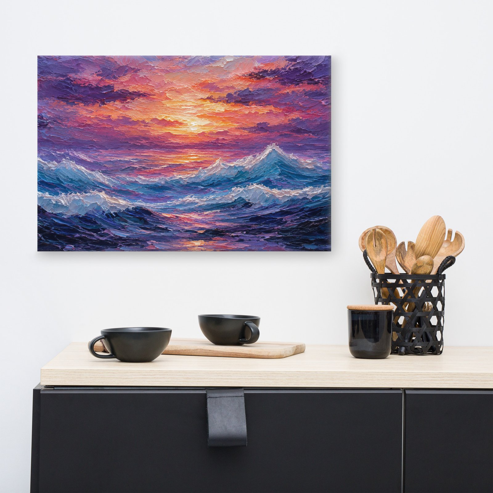 Purple Sunset Ocean Waves Canvas Wall Art – Impasto Dramatic Seascape Painting - Image 7