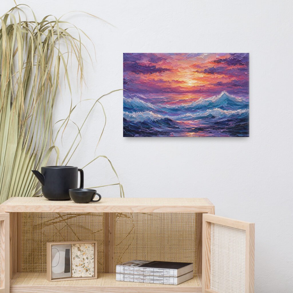 Purple Sunset Ocean Waves Canvas Wall Art – Impasto Dramatic Seascape Painting