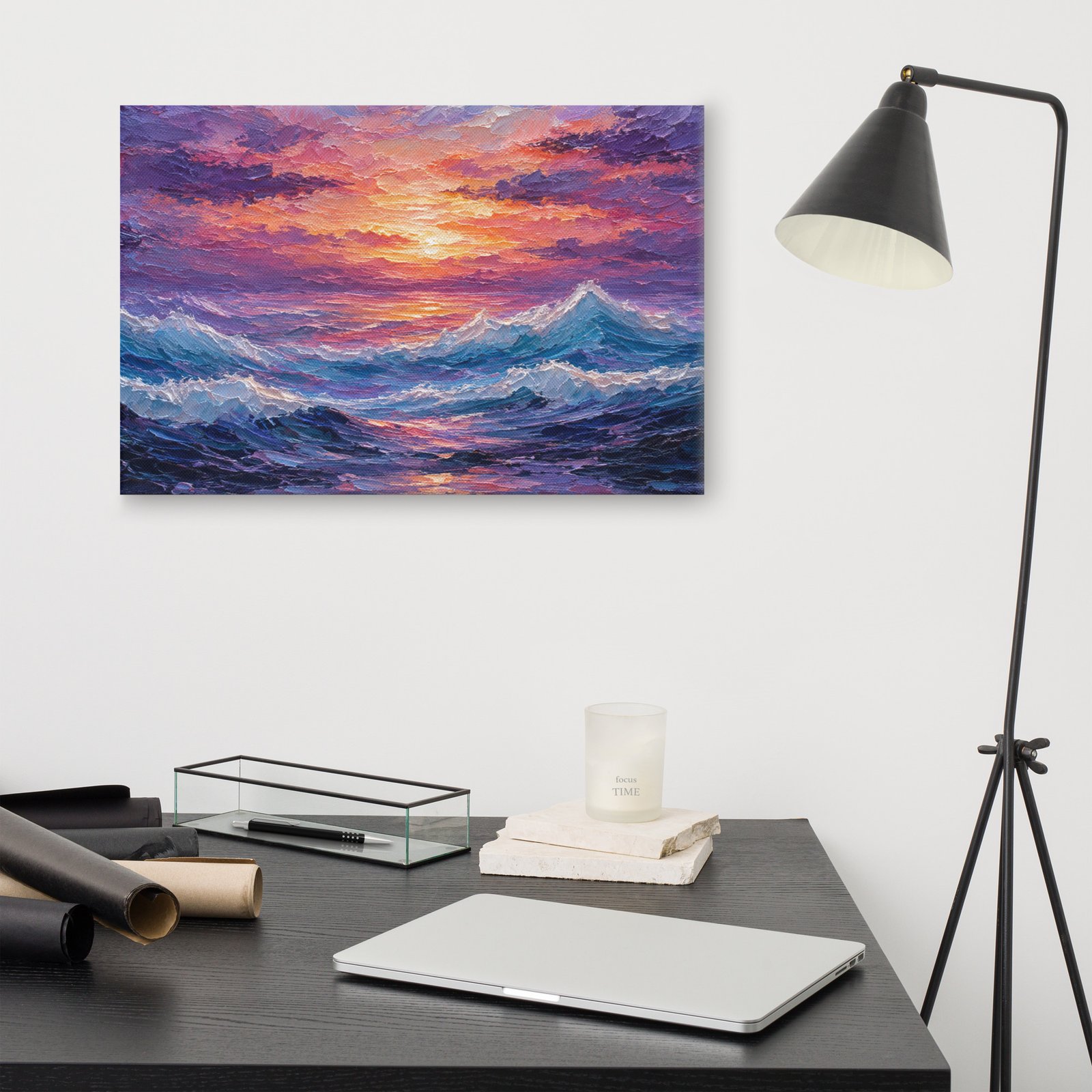 Purple Sunset Ocean Waves Canvas Wall Art – Impasto Dramatic Seascape Painting - Image 9