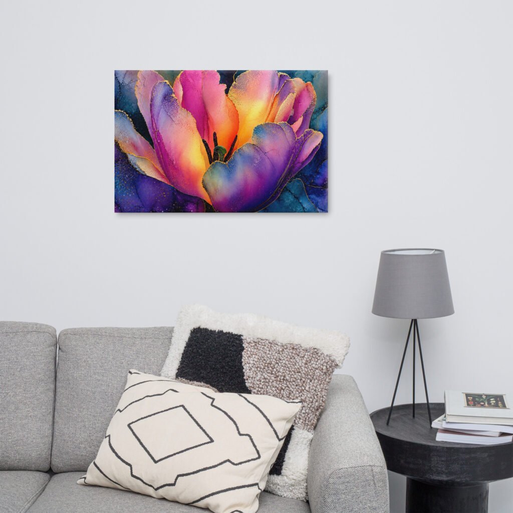 Floral Wall Art Printable | Moody Purple & Gold Tulip Canvas Print