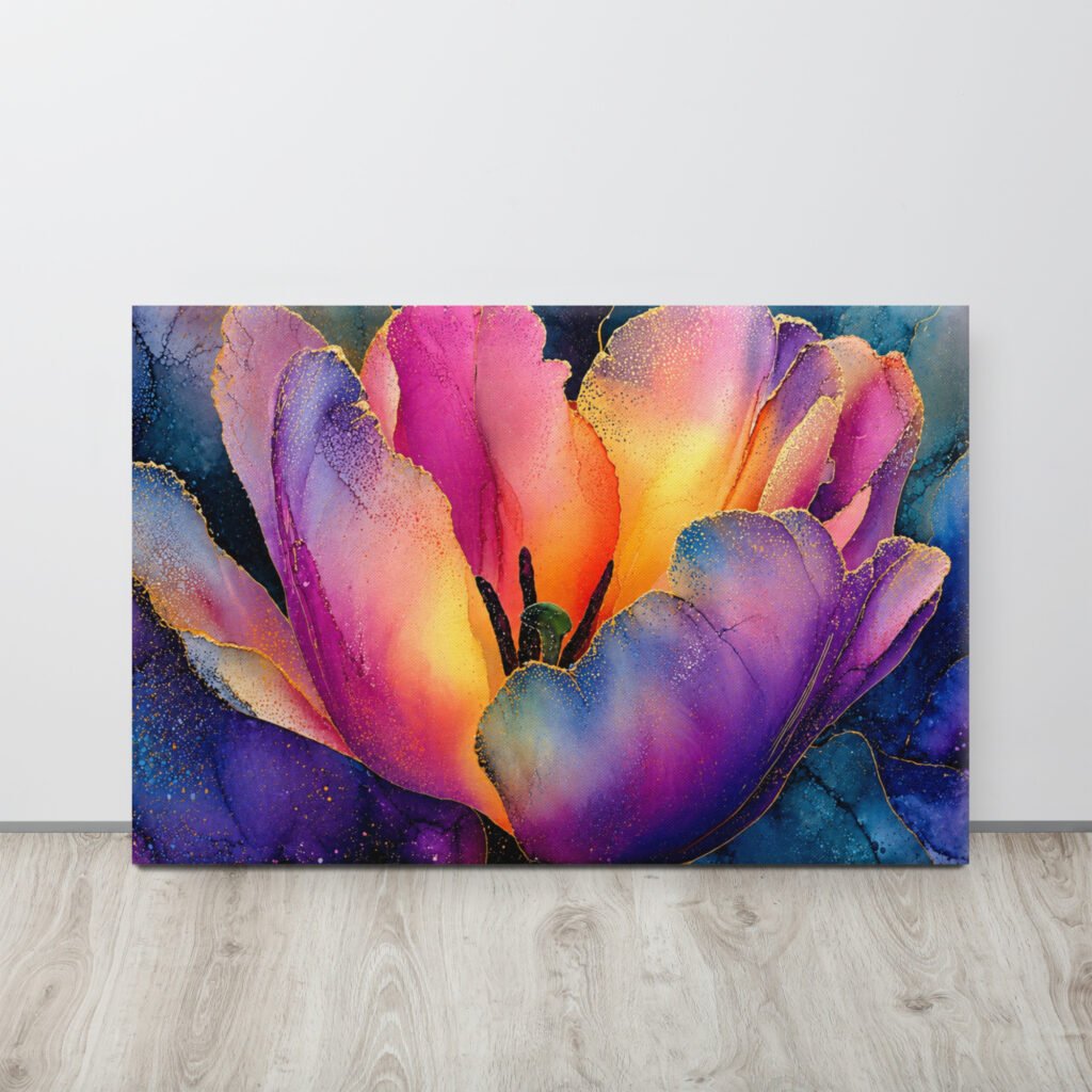 Floral Wall Art Printable | Moody Purple & Gold Tulip Canvas Print