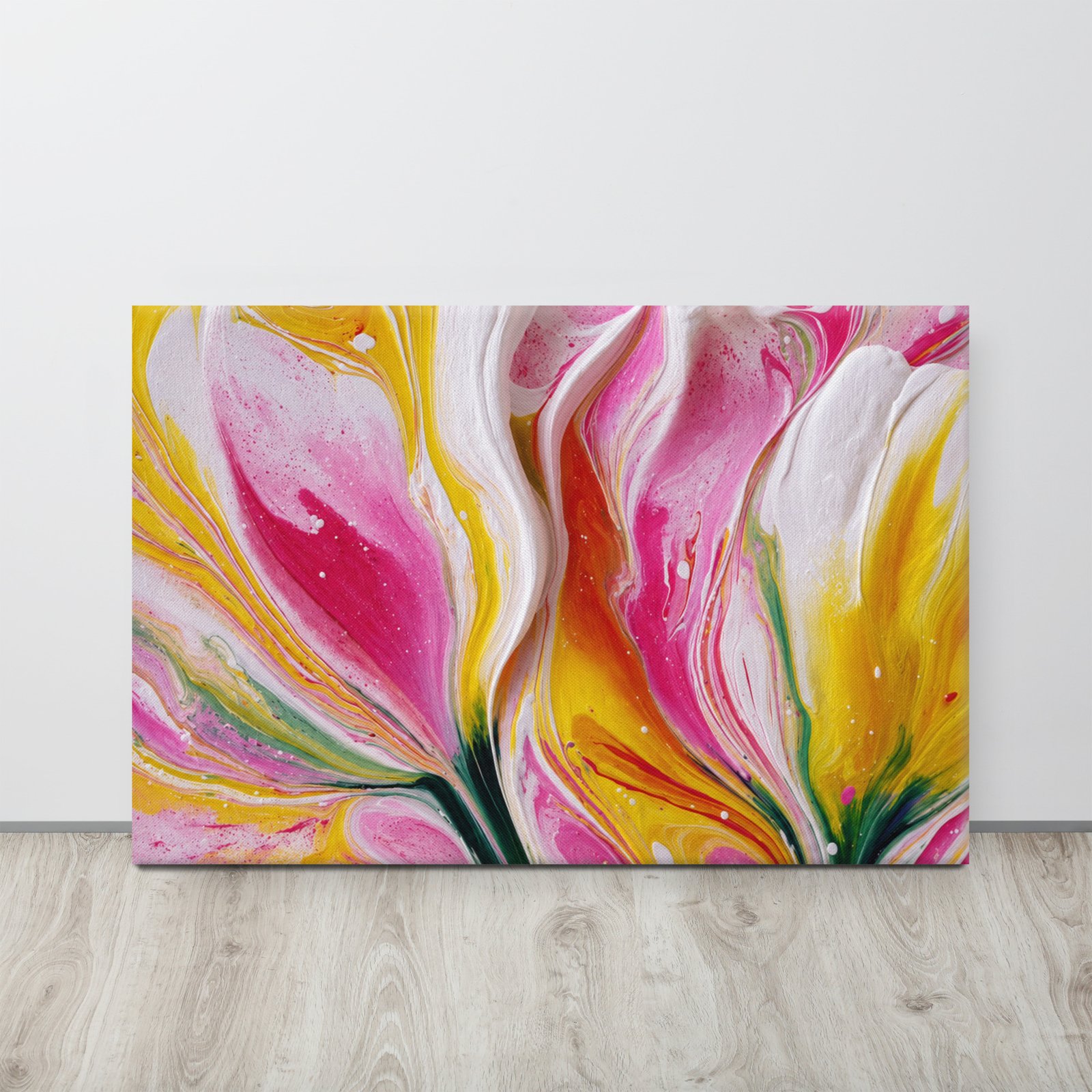 Pink & Yellow Acrylic Floral Wall Art Printable | Floral Canvas Print - Image 1
