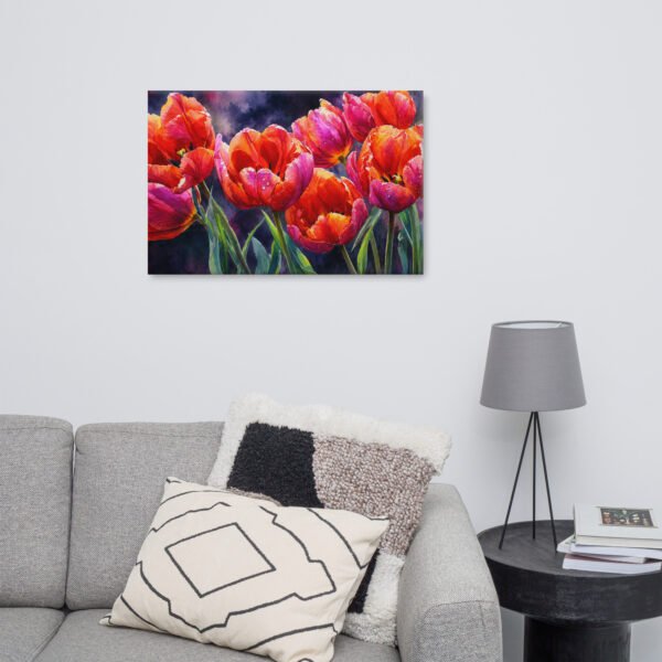 Vibrant Orange and Pink Tulips Watercolor Canvas Print | Moody Floral Wall Art - Image 9