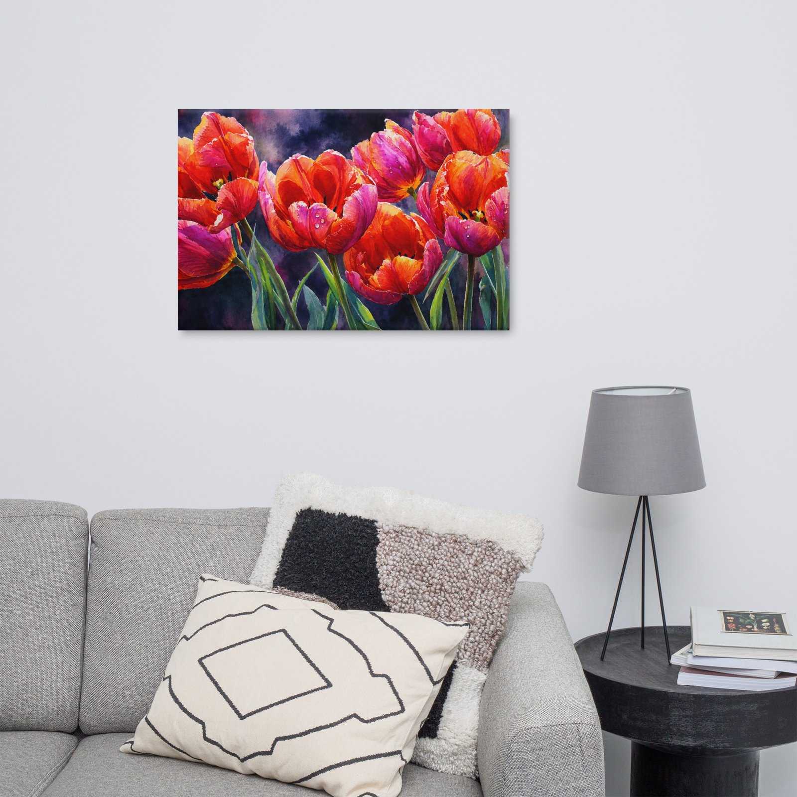 Vibrant Orange and Pink Tulips Watercolor Canvas Print | Moody Floral Wall Art - Image 9
