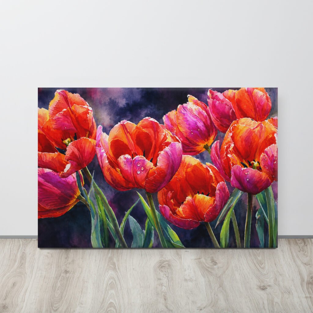 Vibrant Orange and Pink Tulips Watercolor Canvas Print | Moody Floral Wall Art