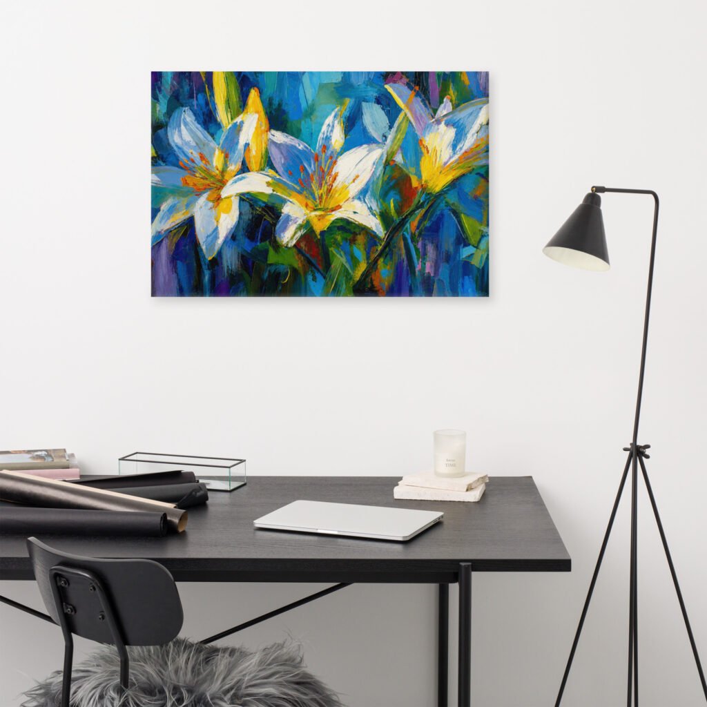 Vibrant Blue Lily Bloom Canvas Art | Colorful Impasto Floral Wall Decor