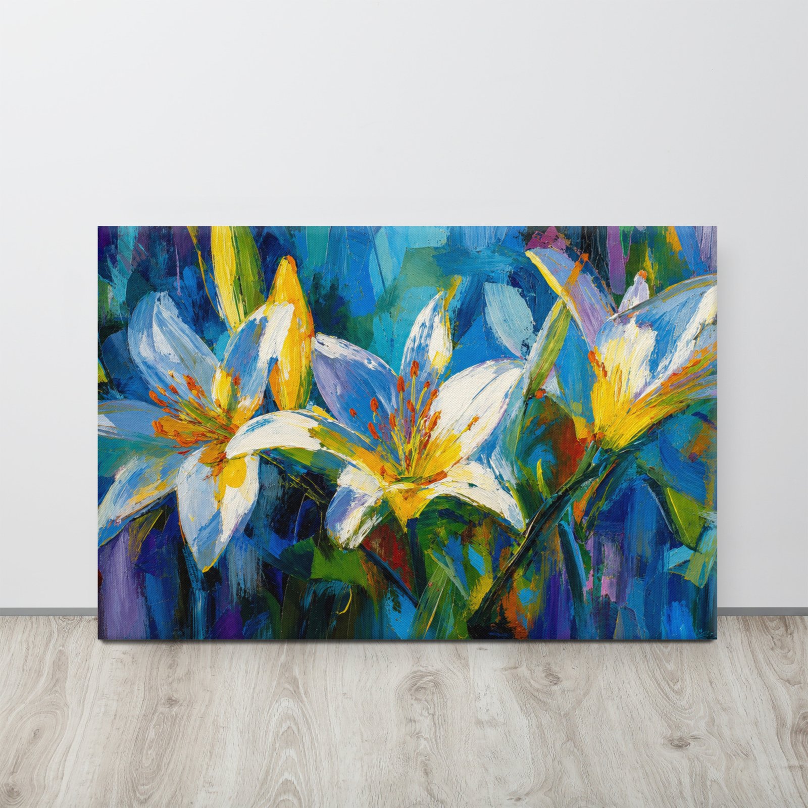 Vibrant Blue Lily Bloom Canvas Art | Colorful Impasto Floral Wall Decor - Image 1