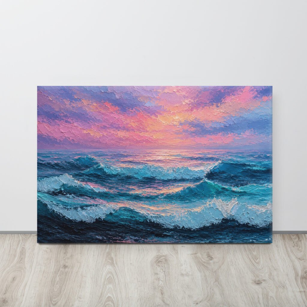 Moody Purple Sunset Beach Artwork | Wave Impasto Canvas Painting