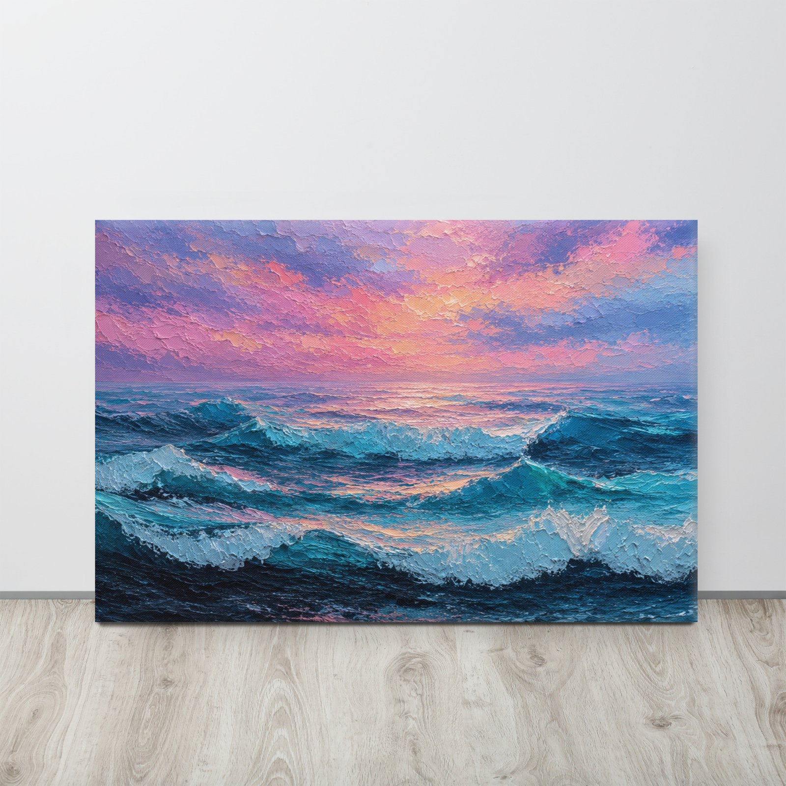 Moody Purple Sunset Beach Artwork |  Wave Impasto Canvas Painting - Image 1