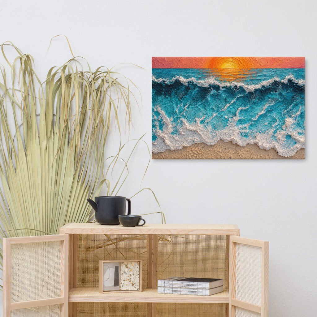 Vibrant Ocean Sunset Canvas Print – Wave Impasto Coastal Wall Decor