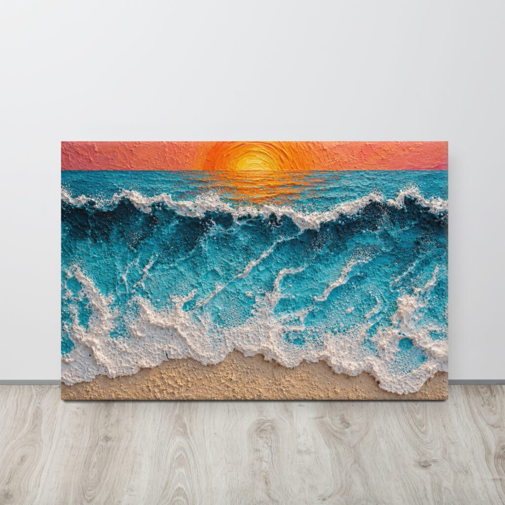 Vibrant Ocean Sunset Canvas Print – Wave Impasto Coastal Wall Decor