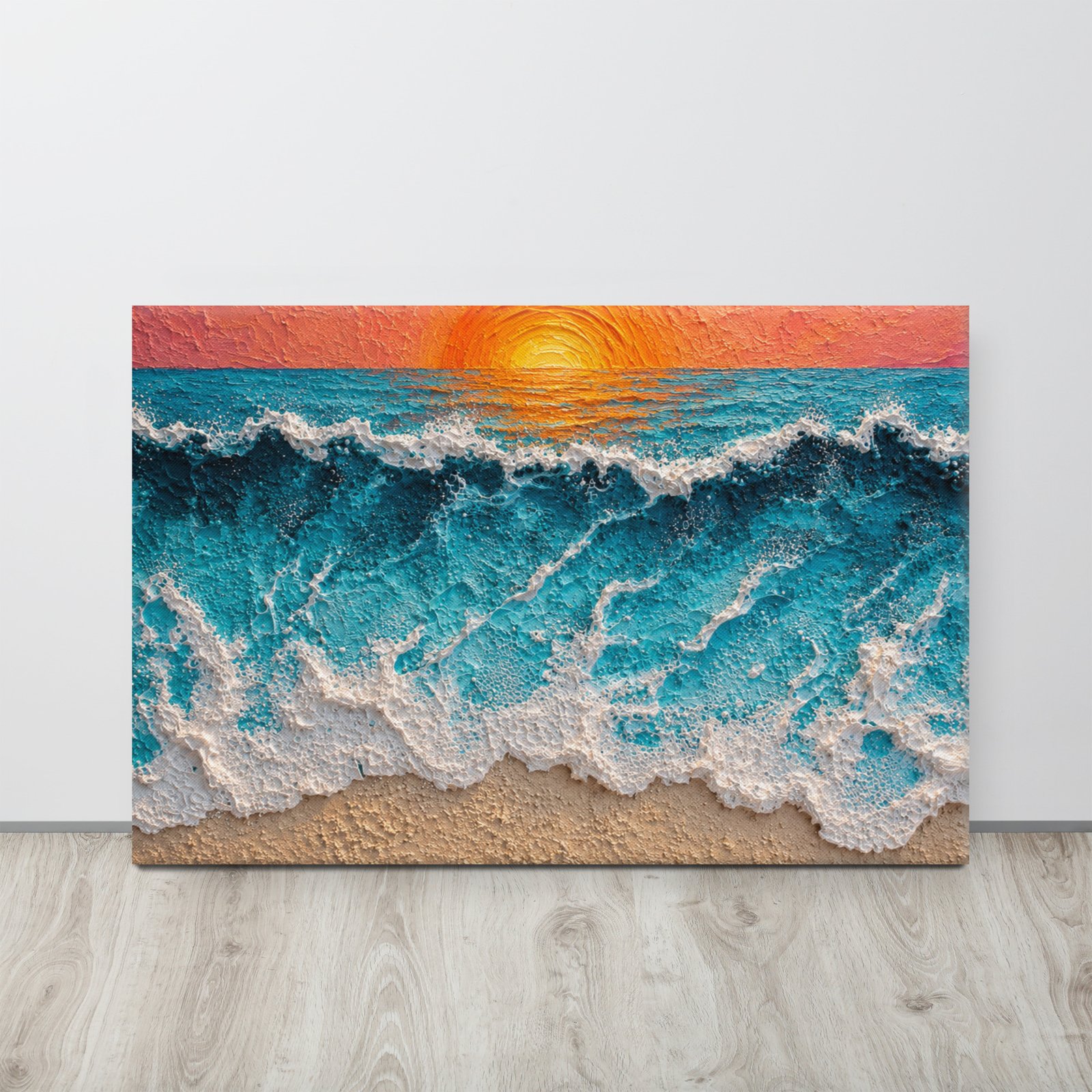 Vibrant Ocean Sunset Canvas Print –  Wave Impasto Coastal Wall Decor - Image 1