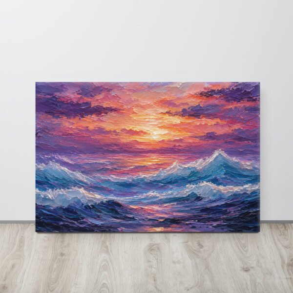 Purple Sunset Ocean Waves Canvas Wall Art – Impasto Dramatic Seascape Painting - Image 1