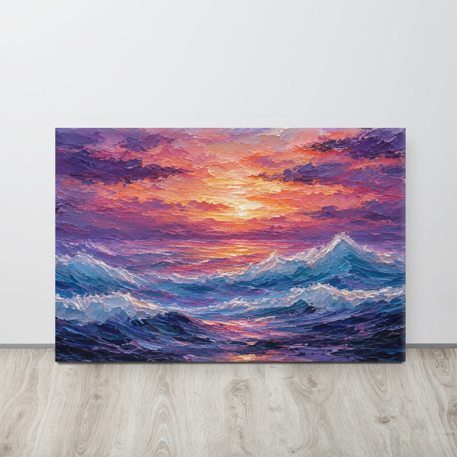 Purple Sunset Ocean Waves Canvas Wall Art – Impasto Dramatic Seascape Painting - Image 1